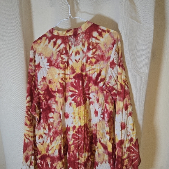Basic Editions Red and Yellow Tie-Dye Button Down Shirt/Tunic - Picture 3 of 3